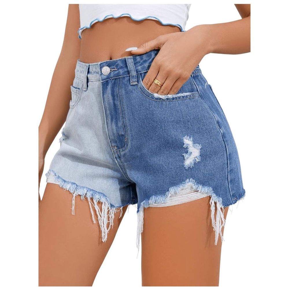 Fashion Nova Womens Color Block High Waist Ripped Raw Hem Denim Jean Shorts with